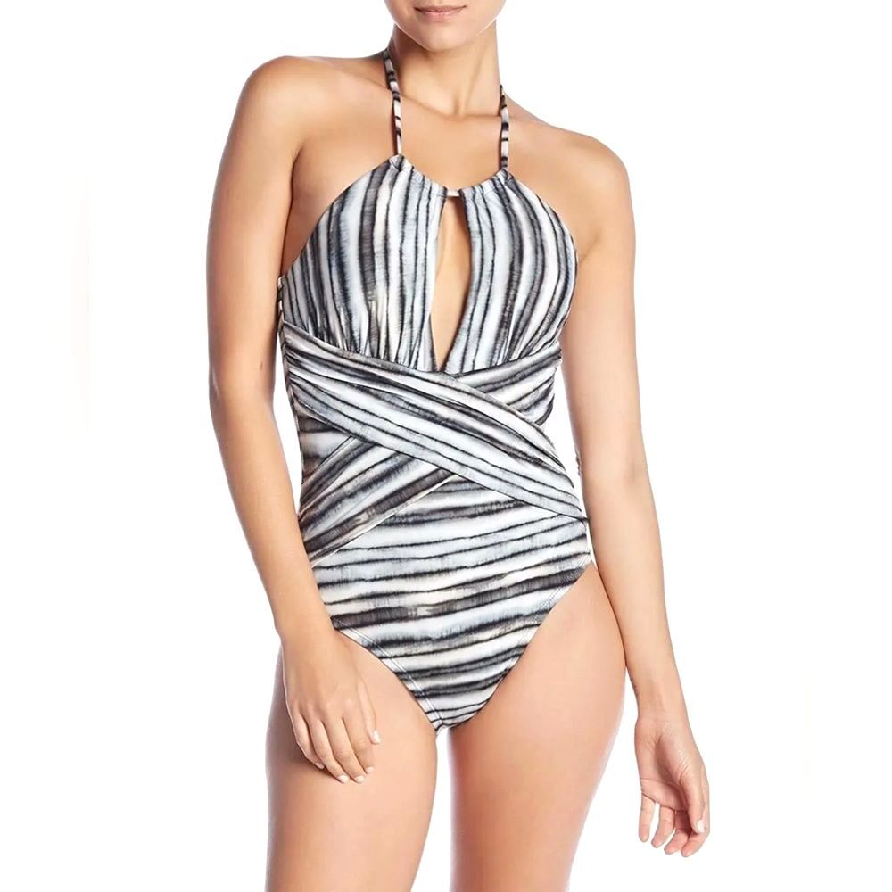 NWT LA BLANCA High Neck Tummy Control One Piece Swimsuit Birch Gray Ivory Size 6